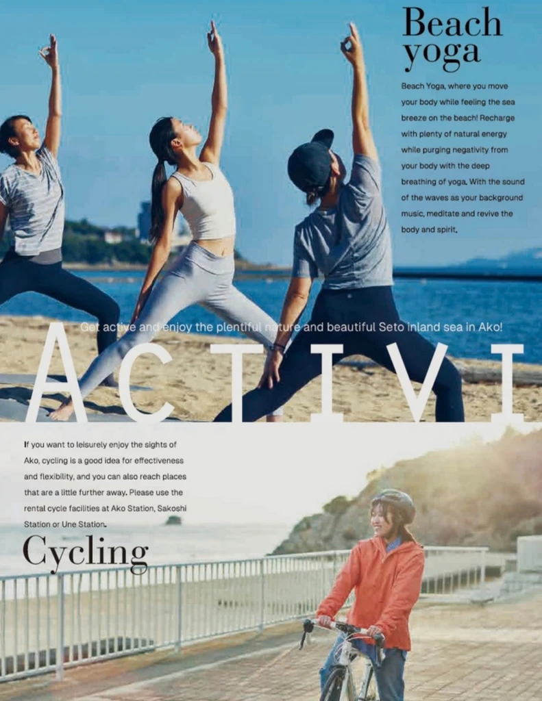 Beach yoga and coastal cycling activities in Ako.