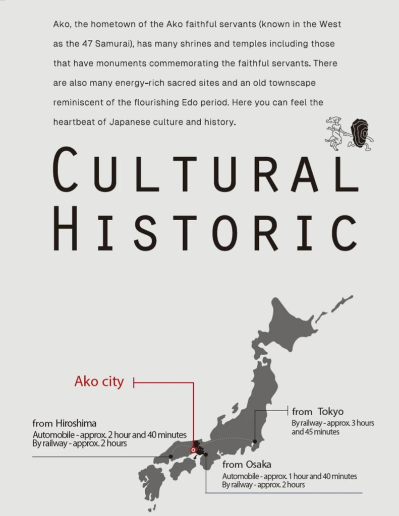 Map introducing Ako’s cultural and historic attractions in Hyogo, Japan.